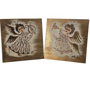 Holiday Folk Art Angel Wooden Wall Hanging 8" gold pink cherub handpainted (2)